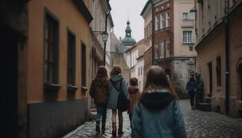 jong volwassenen wandelen in stad, bewonderend architectuur en beroemd plaatsen gegenereerd door ai foto