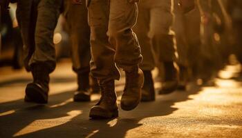 geüniformeerd soldaten het marcheren in vorming door stad straten in viering gegenereerd door ai foto