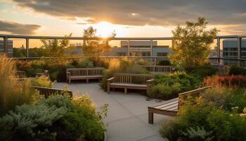 zonsondergang over- modern architectuur, natuur schoonheid in rustig formeel tuin gegenereerd door ai foto