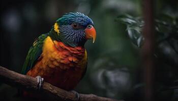 levendig ara neerstrijken Aan tak, veren multi gekleurde en mooi gegenereerd door ai foto