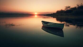 rustig zonsondergang Aan water, nautische vaartuig weerspiegelt schoonheid in natuur gegenereerd door ai foto