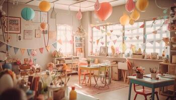 vrolijk verjaardag partij met kleurrijk decor en creatief speelgoed binnenshuis gegenereerd door ai foto