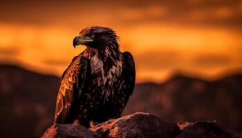 majestueus vogel van prooi neerstrijken Aan berg Bij zonsondergang gegenereerd door ai foto