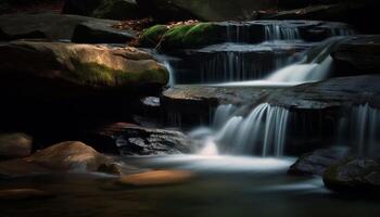 rustig tafereel van vloeiende water in majestueus tropisch regenwoud gegenereerd door ai foto