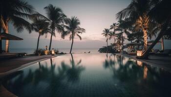 rustig zonsondergang over- tropisch toevlucht, palm bomen silhouet verlicht gegenereerd door ai foto