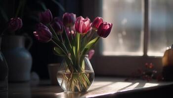 vers boeket van multi gekleurde tulpen in glas vaas Aan tafel gegenereerd door ai foto