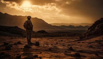 staand silhouet, een persoon, berg natuur gegenereerd door ai foto