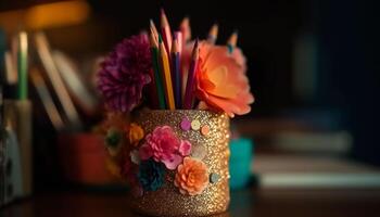 multi gekleurde boeket van vers bloemen in overladen vaas Aan bureau gegenereerd door ai foto