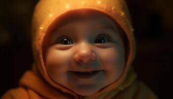 schattig baby jongen lachend, dichtbij omhoog portret van blij onschuld buitenshuis gegenereerd door ai foto