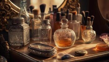 antiek fles Aan oud tafel, hout materiaal, nog steeds leven verzameling gegenereerd door ai foto