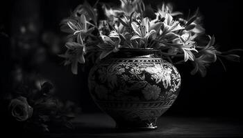 antiek pottenbakkerij vaas houdt rustiek bloem arrangement voor huiselijk elegantie gegenereerd door ai foto