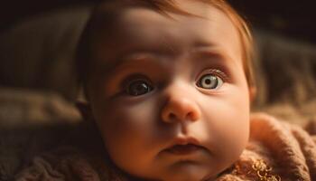 schattig baby jongen op zoek Bij camera met onschuld en geluk gegenereerd door ai foto