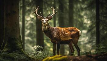 gehoornd hert staat in rustig herfst Woud, op zoek Bij camera gegenereerd door ai foto