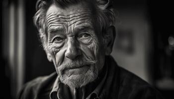 echt senior Mens met grijs haar- en baard op zoek buitenshuis gegenereerd door ai foto