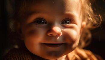 schattig baby meisje glimlachen voor portret, uitstralend onschuld en vreugde gegenereerd door ai foto