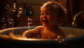 schattig Kaukasisch kind glimlachen in bubbel bad, genieten van netheid en pret gegenereerd door ai foto
