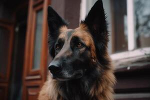 portret van een Duitse herder in de achtergrond van de huis ai gegenereerd foto