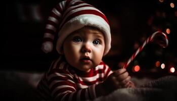vrolijk baby jongen lachend, spelen met speelgoed- onder Kerstmis boom gegenereerd door ai foto