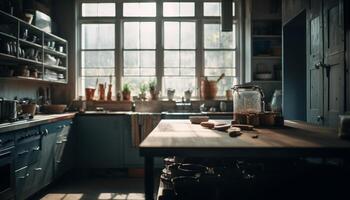 rustiek keuken met modern huishoudelijke apparaten en oud fashioned koffie maker gegenereerd door ai foto