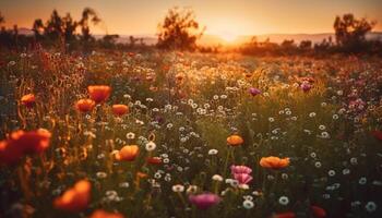 levendig wilde bloemen bloeien in rustig weide Bij zonsondergang schemer gegenereerd door ai foto