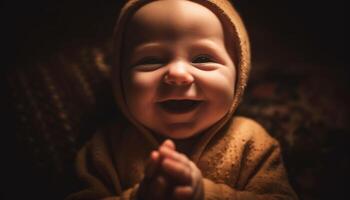 glimlachen baby jongen, portret van onschuld en vreugde in winter gegenereerd door ai foto
