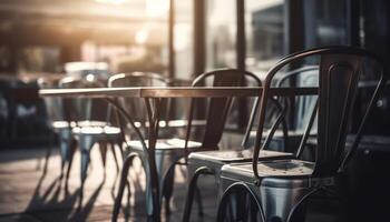 houten stoelen en tafels vullen de modern koffie winkel binnenshuis gegenereerd door ai foto