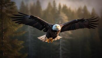 majestueus kaal adelaar verspreidt Vleugels in midden lucht, stijgend met vrijheid gegenereerd door ai foto