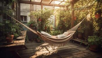 comfortabel hangmat resting onder boom, genieten van rustig zomer buitenshuis gegenereerd door ai foto