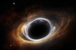 zonne- systeem. 3d weergave, een zwart gat met gloeiend vaag wolken wervelende in de omgeving van het in diep ruimte, ai gegenereerd foto