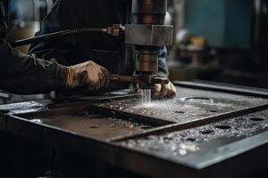 arbeider snijdend metaal met een frezen machine in de fabriek. een industrieel arbeiders handen dichtbij omhoog van werken in projecteren, ai gegenereerd foto