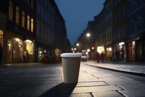 papier kop van koffie Aan de straat Bij nacht. 3d weergave. een koffie kop is Aan de tafel in voorkant van een verlichte straat licht, ai gegenereerd foto