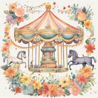 carrousel paard en waterverf bloemen. carrousel paard waterverf kunst met bloemen. mooi circus carrousel en kleurrijk bloemen. abstract carrousel paard rijden illustratie. ai gegenereerd. foto