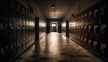 binnen een oud bibliotheek, rijen van boeken verdwijnen in duisternis gegenereerd door ai foto