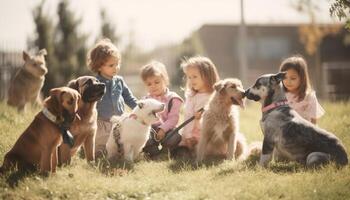 glimlachen kinderen spelen met schattig puppy in zonnig achtertuin weide gegenereerd door ai foto