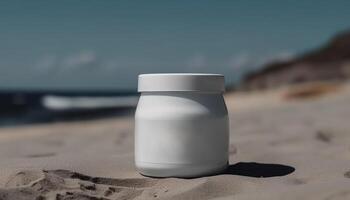 vers zonnebrand lotion in plastic pot voor gezond zomer huid gegenereerd door ai foto