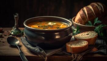 vers groente soep met eigengemaakt brood Aan rustiek houten tafel gegenereerd door ai foto
