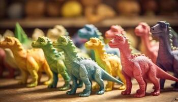 klein plastic dinosaurus beeldjes in een rij, kinderjaren souvenir verzameling gegenereerd door ai foto