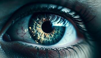 blauw ogen jong volwassen staren Bij camera met futuristische contact lens gegenereerd door ai foto