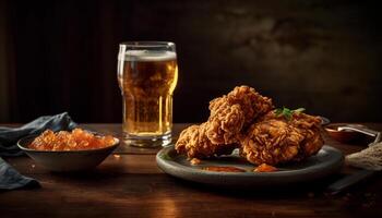 rustiek kroeg bord met gegrild vlees, gebakken tussendoortje, en bier gegenereerd door ai foto