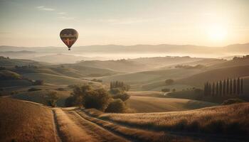heet lucht ballon vliegend over- rustig herfst landschap, idyllisch schoonheid gegenereerd door ai foto