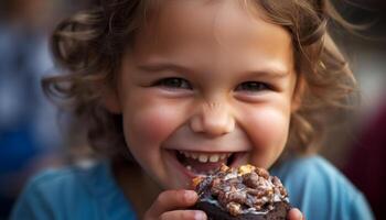 schattig meisje genieten van chocola tussendoortje, glimlachen met toothy vreugde gegenereerd door ai foto