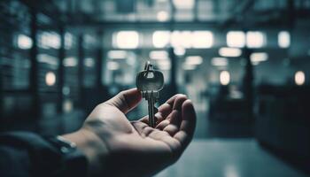 zakenman ontgrendelen auto deur met sleutel, symbool van succes binnenshuis gegenereerd door ai foto