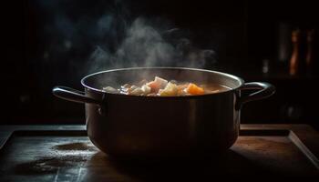 gezond vegetarisch stoofpot gekookt Aan rustiek fornuis top brander gegenereerd door ai foto