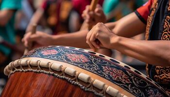 inheems muzikanten uitvoeren traditioneel festival muziek- met percussie instrumenten buitenshuis gegenereerd door ai foto