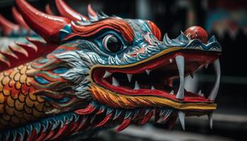 multi gekleurde Chinese draak beeldhouwwerk symboliseert oude inheems cultuur en mythologie gegenereerd door ai foto