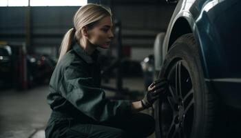 jong volwassen vrouw repareren wiel in auto reparatie winkel vol vertrouwen gegenereerd door ai foto