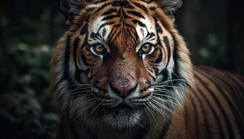 majestueus Bengalen tijger staren, agressie in haar gestreept gevormde oog gegenereerd door ai foto