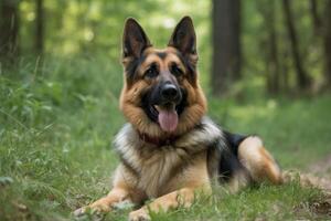 Duitse herder hond aan het liegen Aan de gras in de voorjaar of zomer dag ai gegenereerd foto