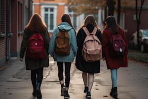 terug visie van drie meisjes met rugzakken wandelen Aan de straat. een groep van hoog school- kinderen met school- Tassen Aan hun ruggen, wandelen samen naar beneden de gang, ai gegenereerd foto