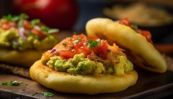 vers guacamole en tomaat salsa Aan een rustiek houten bord gegenereerd door ai foto